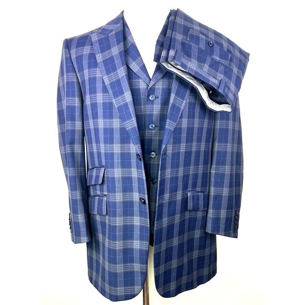 Steven Land 42R 38x30 Blue Plaid Super 150s Wool 3 Piece Vest Jacket Pants Suit